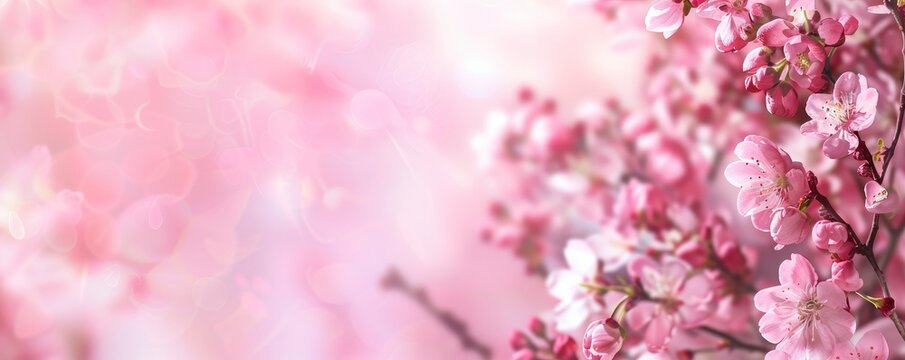Beautiful pink flowers background with spring blossoms and pastel colors. Easter concept, springtime, wedding or love theme.