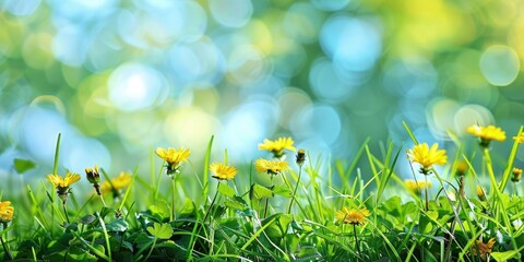 Beautiful spring meadow landscape with green grass and yellow flowers, blurred background, copy space concept