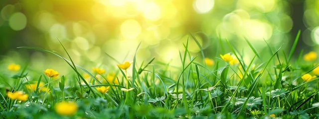 Tuinposter Beautiful spring meadow landscape with green grass and yellow flowers, blurred background, copy space concept © MEHDI