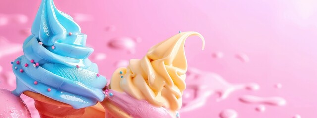 colorful ice cream with melting swirls isolated on a pink background