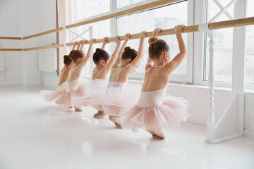 Little girls, ballerinas in class practicing coordinated barre exercises in tutus at modern dance...