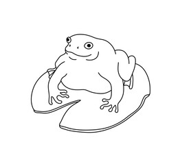 Vector isolated one single funny big fat frog toad sitting on a water lilly leaf colorless black and white contour line easy drawing