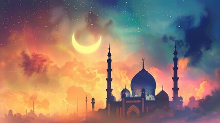 mosque with crescent moon and colorful sky background for Ramadan Kareem or Eid Mubarak concept. - obrazy, fototapety, plakaty