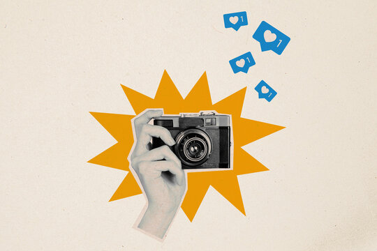 Composite photo collage of hand hold retro camera take photo shoot blogger vintage likes reactions popular isolated on painted background