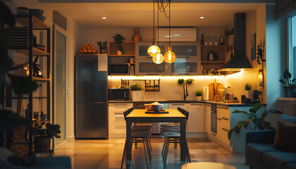 Interior of modern open plan kitchen with dining table and glowing lamps - obrazy, fototapety, plakaty