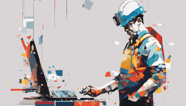 Ein Techniker mit Schutzhelm steht an einem Computer und &uuml;berpr&uuml;ft Daten. men at work