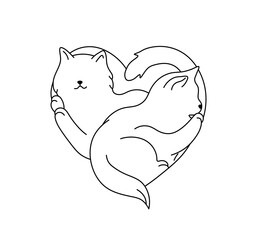 Vector isolated two cats lying in heart shape colorless black and white contour line easy drawing
