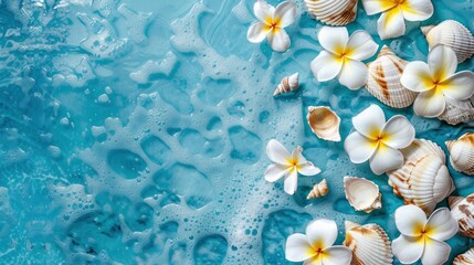 Summer background with blue water, seashells and frangipani flowers. Background for design or banner. Top view.