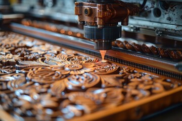Close-up of a CNC machine intricately carving a wooden pattern for mass production, demonstrating precision and craftsmanship