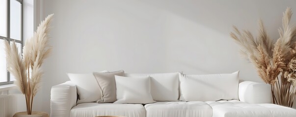 Photo of a modern living room interior with a white sofa and pampas 