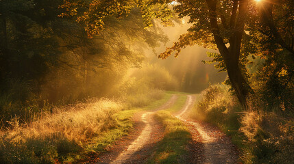 Rural scene with a path warmly illuminated by the golden sunlight , AI Generative.ive.