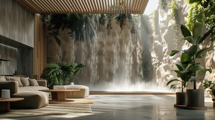 Image showcases a luxurious living room with comfortable seating facing a large waterfall, exuding opulence and a connection with nature
