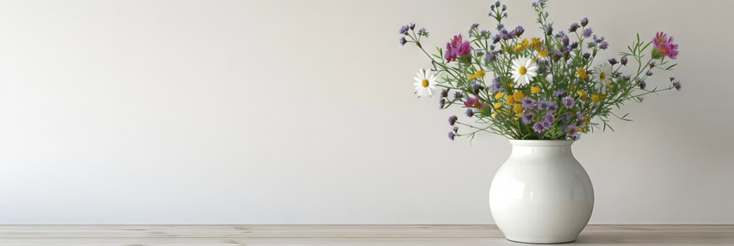 wildflowers in white vase on table on white wall background,	
