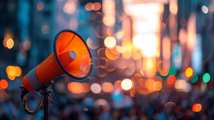 A bustling city square illuminated by the setting sun, an orange megaphone casting a vibrant glow amidst the bokeh lights - obrazy, fototapety, plakaty