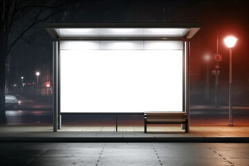Empty billboard at the bus stop on the street at night, mockup for design