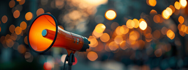 A bustling city square illuminated by the setting sun, an orange megaphone casting a vibrant glow amidst the bokeh lights - obrazy, fototapety, plakaty