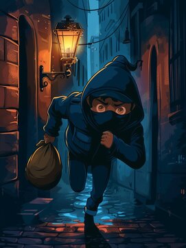 Cartoon thief with loot bag, running, backlit by street lamps, exaggerated shadows , clip art, 8K , high-resolution, ultra HD,up32K HD