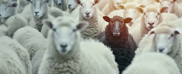 Black sheep among several white sheep, The Black Sheep In The Herd Of White Sheep concept