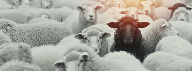 Black sheep among several white sheep, The Black Sheep In The Herd Of White Sheep concept.
