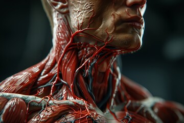 The structure of the upper shoulder girdle with muscles, arteries and ligaments at the neck and shoulders, abstract anatomical model. face head with chin - obrazy, fototapety, plakaty