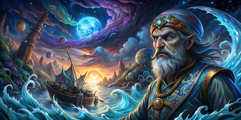 Moonlit sea with Sinbad the Sailor navigating treacherous waters amid mythical creatures and awe-inspiring landscapes.