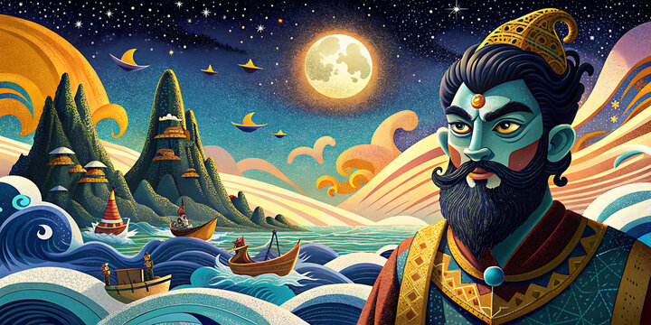 Moonlit sea with Sinbad the Sailor navigating treacherous waters amid mythical creatures and awe-inspiring landscapes.