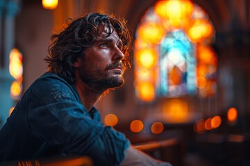 An evocative image depicting a lone man in contemplation within the serene ambiance of a majestic church