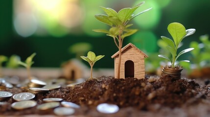 Plant are growing on coins with house wood models on the soil. Plant growth ideas and environmentally friendly investments.