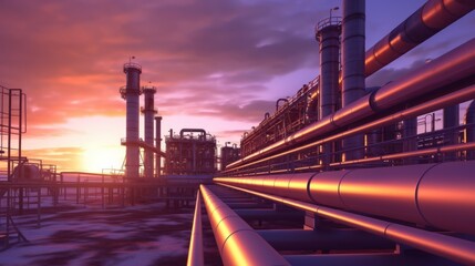 Pipeline and pipe rack of petroleum industrial plant with sunset sky background .AI generated