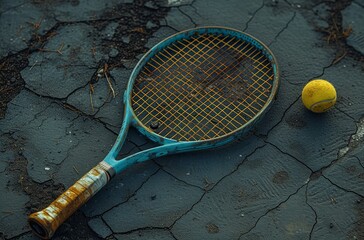 Vintage tennis racket with a worn grip abandoned next to a tennis ball on a cracked clay surface