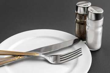 Salt and pepper shakers and plate with fork and knife on black. Kitchen utensil.