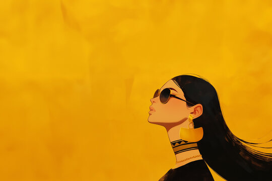 dessin d'une jeune femme, m&eacute;diterran&eacute;enne, arabe, &eacute;gyptienne moderne, longs cheveux noirs d&eacute;tach&eacute;s, lunettes de soleil, de profil, portant des bijoux traditionnels pharaoniques. Fond jaune copy space