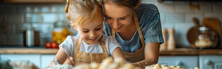 happy young girl with her mother making dough 