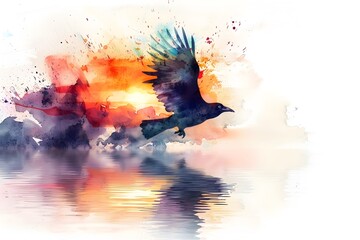 Majestic Eagle Soaring in Vibrant Sunset Watercolor Landscape