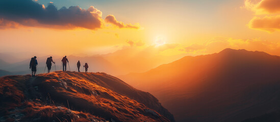 Silhouette of teamwork friendship climbing and hiking the top of mountain help each other - obrazy, fototapety, plakaty