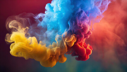 Explosion of vibrant smoke against backdrop of rich hues. Colorful cloud. Color burst