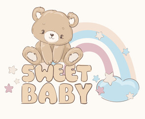 Obraz na płótnie Canvas Hand Drawn Cute little Teddy Bear, vector illustration, Print for baby, newborns design