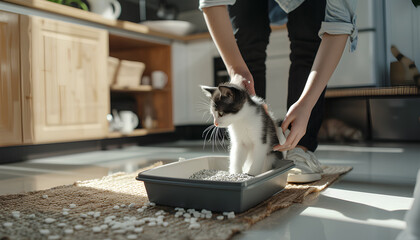Owner cleaning cat litter box at home - obrazy, fototapety, plakaty