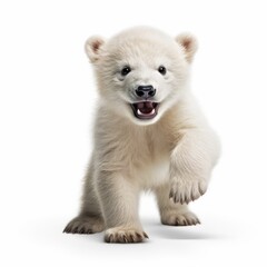 A playful polar bear cub frolicking against a white background, embodying the innocence and joy of Arctic wildlife