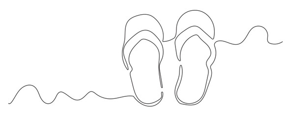 Line art (one line) hand drawn pair of slippers (flip flops), isolated on white background (backdrop). Vector illustration. - obrazy, fototapety, plakaty