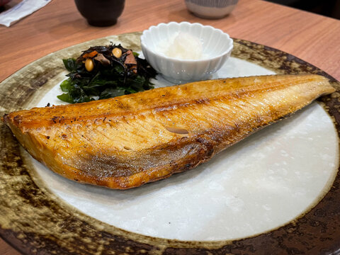 Grilled fish. Japanese gourmet of a charcoal grilled Atka Mackerel (Shima Hokke)