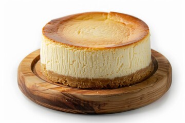 front view of single classic New York cheesecake on a wooden tray isolated on a white background