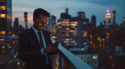 handsome smiling businessman looking at his phone in the evening at the terrace with the skyline city view - obrazy, fototapety, plakaty