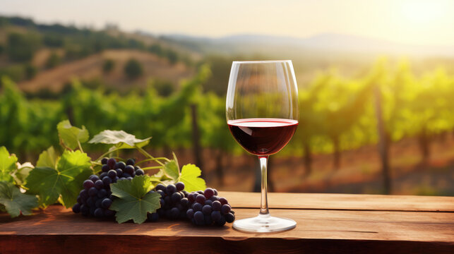 Wooden table with glass of fresh purple red grapes, red wine and free space on nature blurred background, vineyard field.