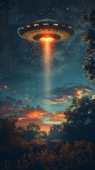 Surreal Alien Abduction Scene in Vibrant Nighttime Landscape with Glowing UFO and Illuminated Foliage