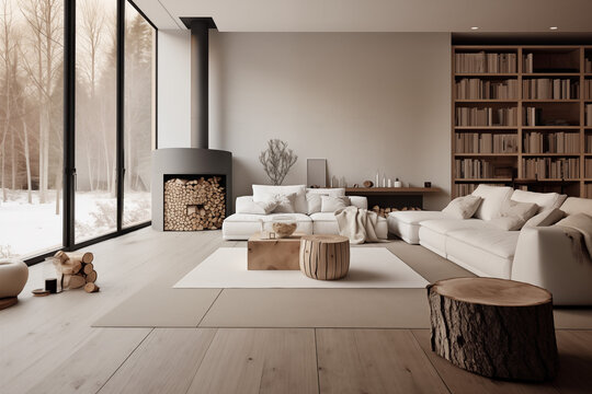 int&eacute;rieur d'une maison scandinave dans le salon, en hiver devant la baie vitr&eacute;e et la neige dehors, une immense banquette, un po&ecirc;le &agrave; bois, des meubles en bois et une grande biblioth&egrave;que Parquet tapis
