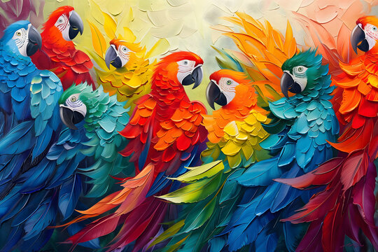 Oil painting of beautiful parrots in different bright colors