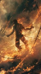 Fantasy concept art of warrior engulfed in flames, evoking themes of addiction freedom