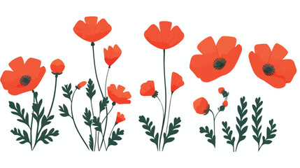 Five red paper flowers on white background 2d flat