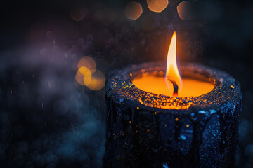 One candle burns on a dark background with copy space. A symbol of memory and sorrow, a fire in memory of the dead. - obrazy, fototapety, plakaty